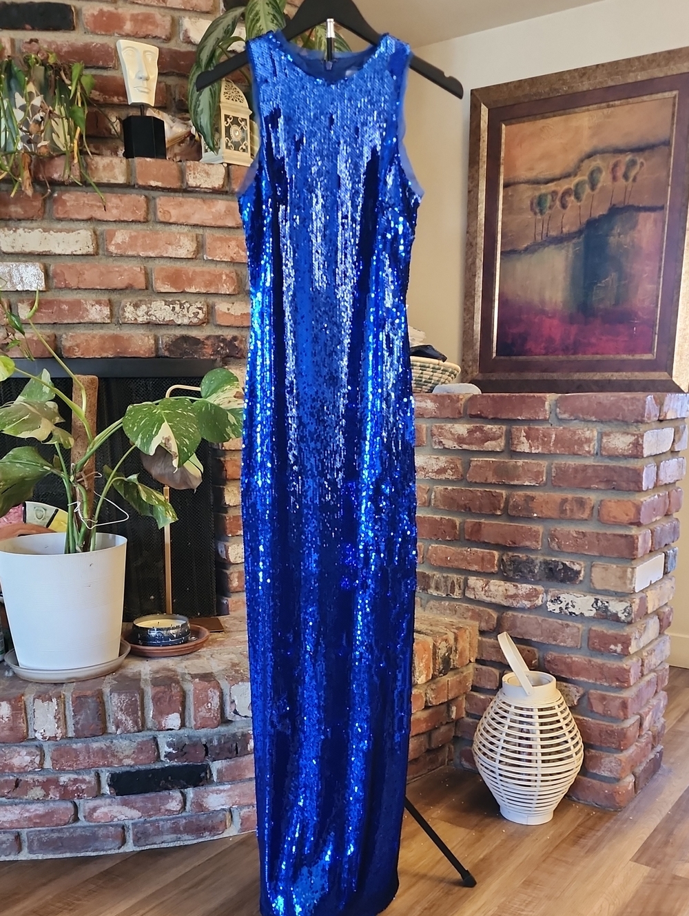Halston Heritage Electric Blue Sequin Sleeveless Column Maxi Gown